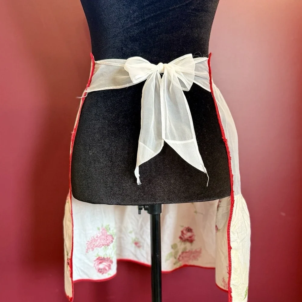 VTG 1950s MCM Handmade Floral Kitchen Housewife Apron Cotton & Organza Roses